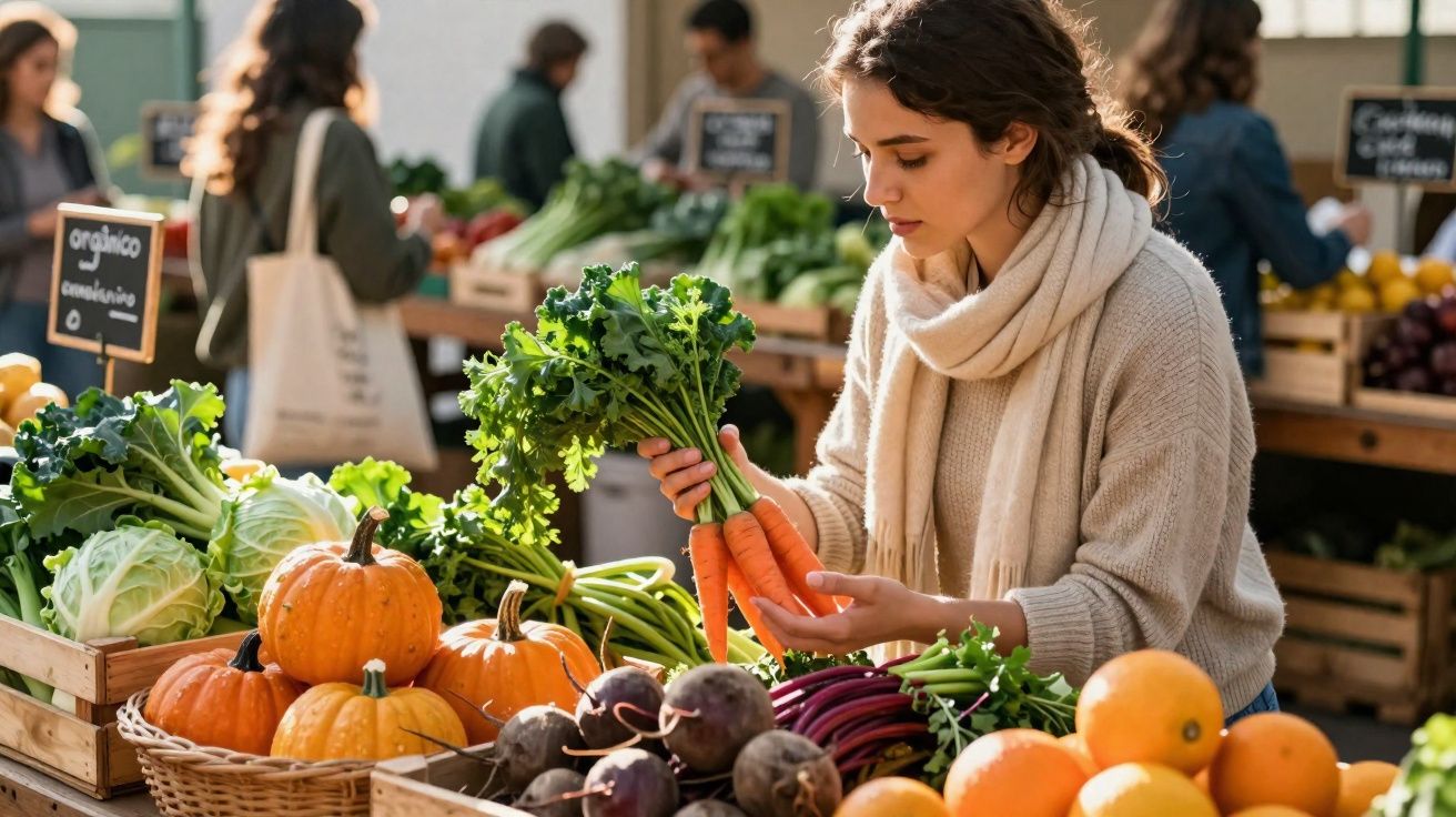 Mulher com cachecol segura cenouras num mercado ao ar livre com várias frutas e legumes frescos.