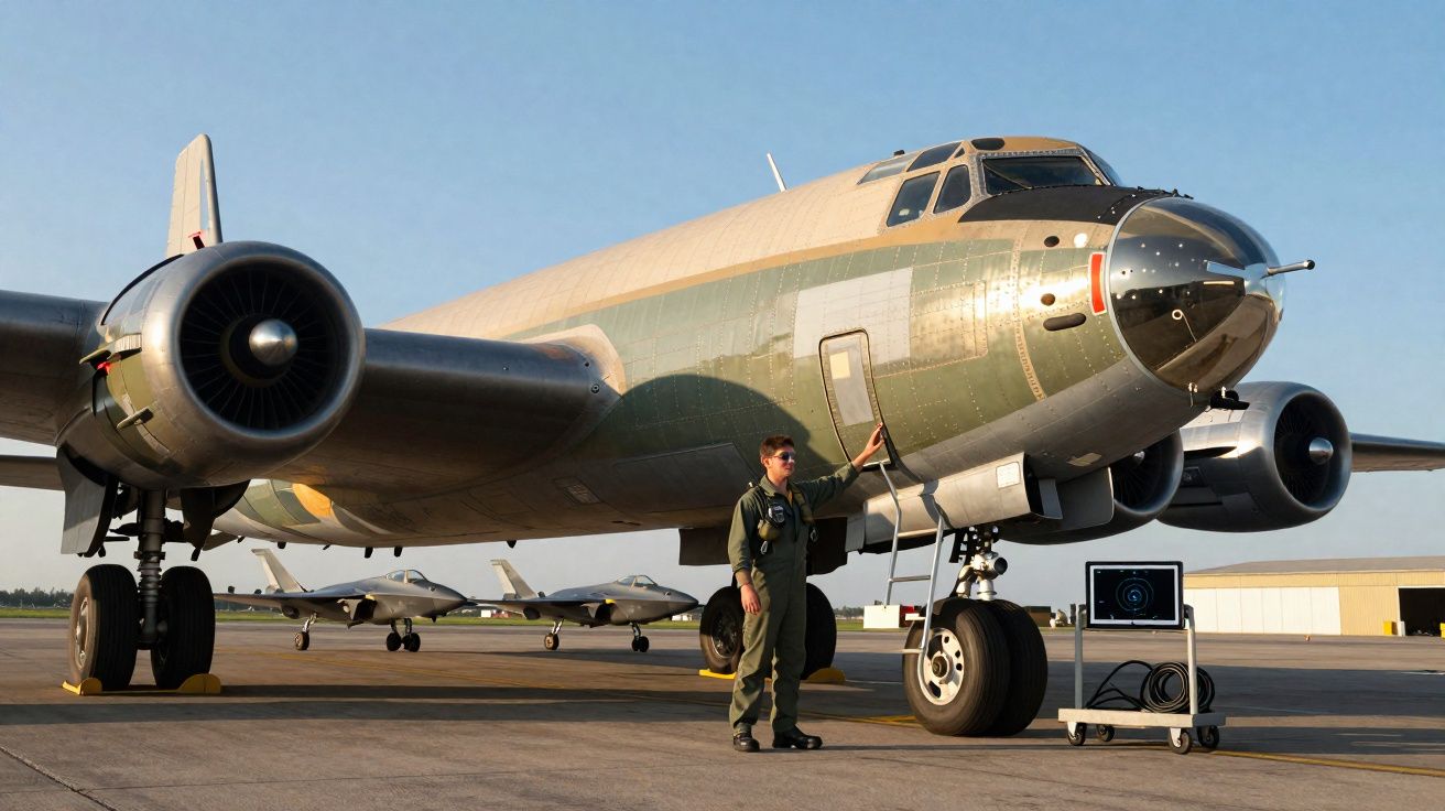 Avião militar antigo com piloto ao lado, parada numa pista de aterragem ao pôr do sol.