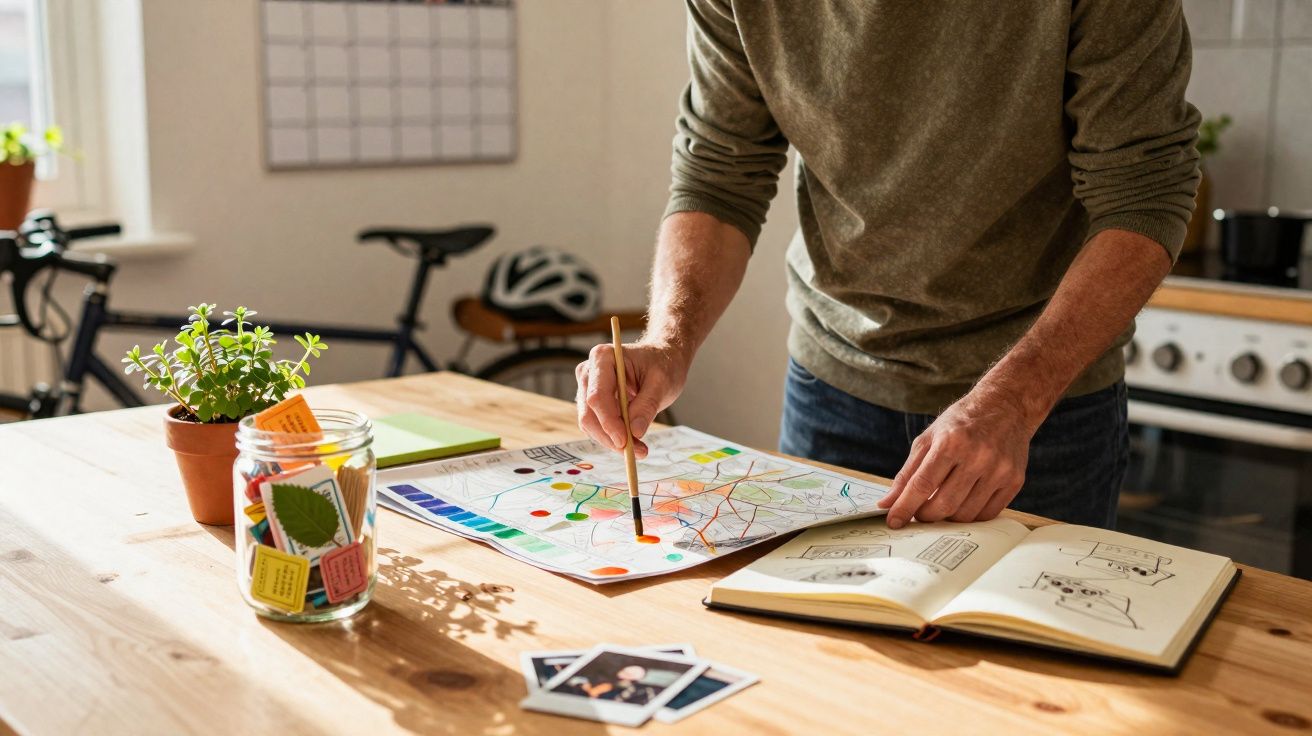 Pessoa a pintar um mapa colorido numa mesa de madeira com plantas, fotos e livro aberto numa cozinha.