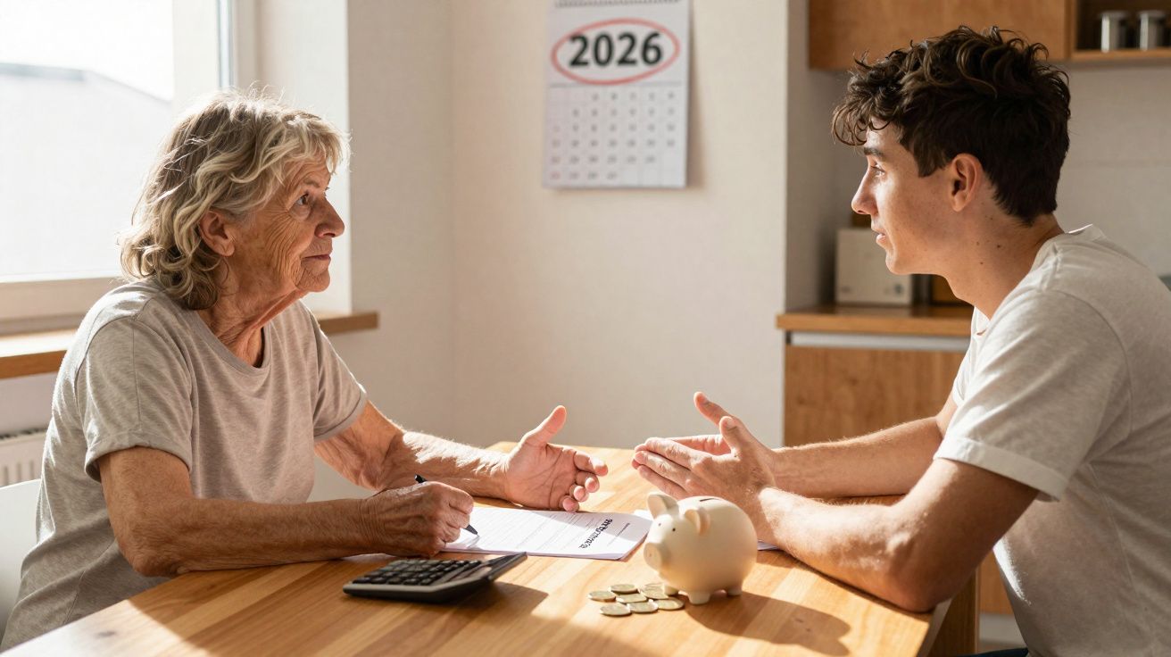 Senhora idosa e jovem discutem finanças numa mesa com cofrinho, moedas e calendário de 2026 na parede.
