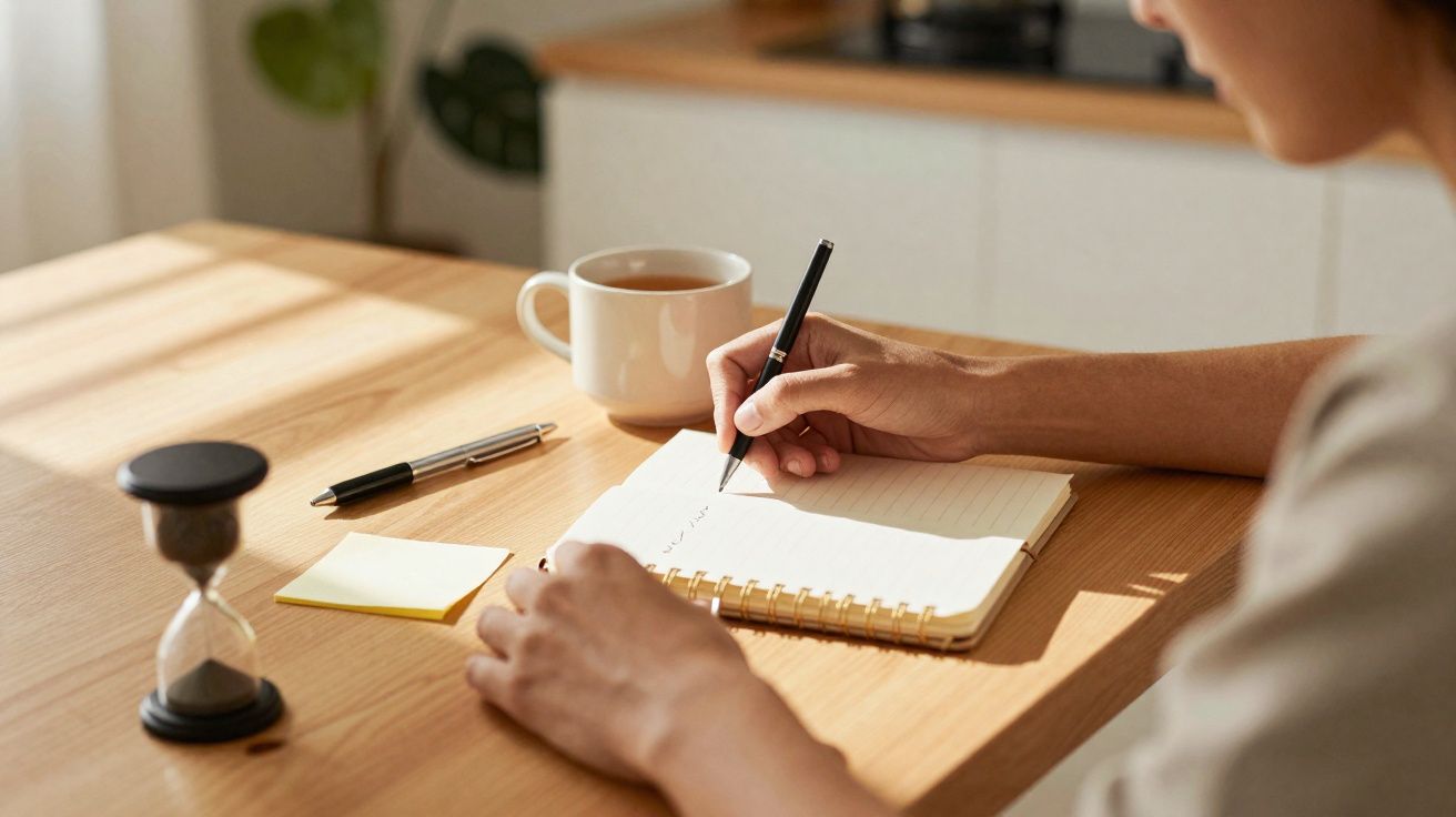 Pessoa a escrever num caderno com caneca de chá, ampulheta e caneta numa mesa de madeira iluminada.