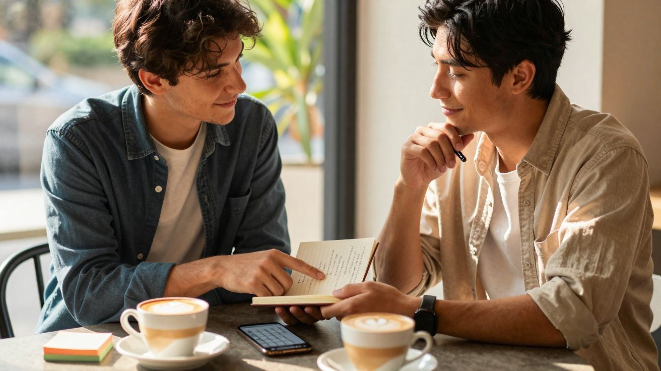 Dois homens sentados num café, um a mostrar algo num caderno enquanto o outro escuta atentamente.