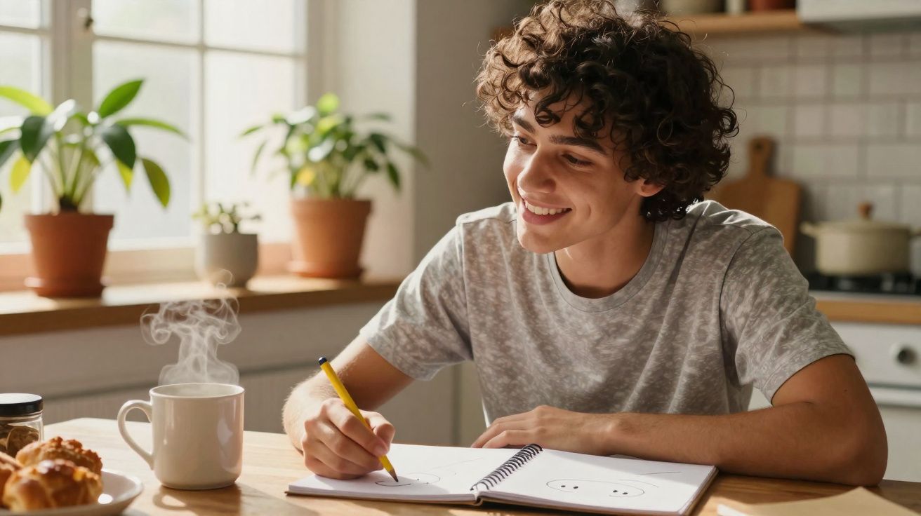 Jovem sorridente desenha num caderno na cozinha, com chá quente e bolos na mesa junto à janela.