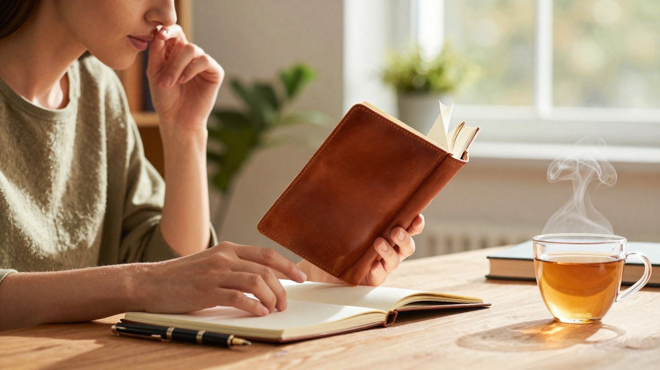 Pessoa a ler um livro com capa castanha, ao lado de uma chávena de chá quente numa mesa de madeira.