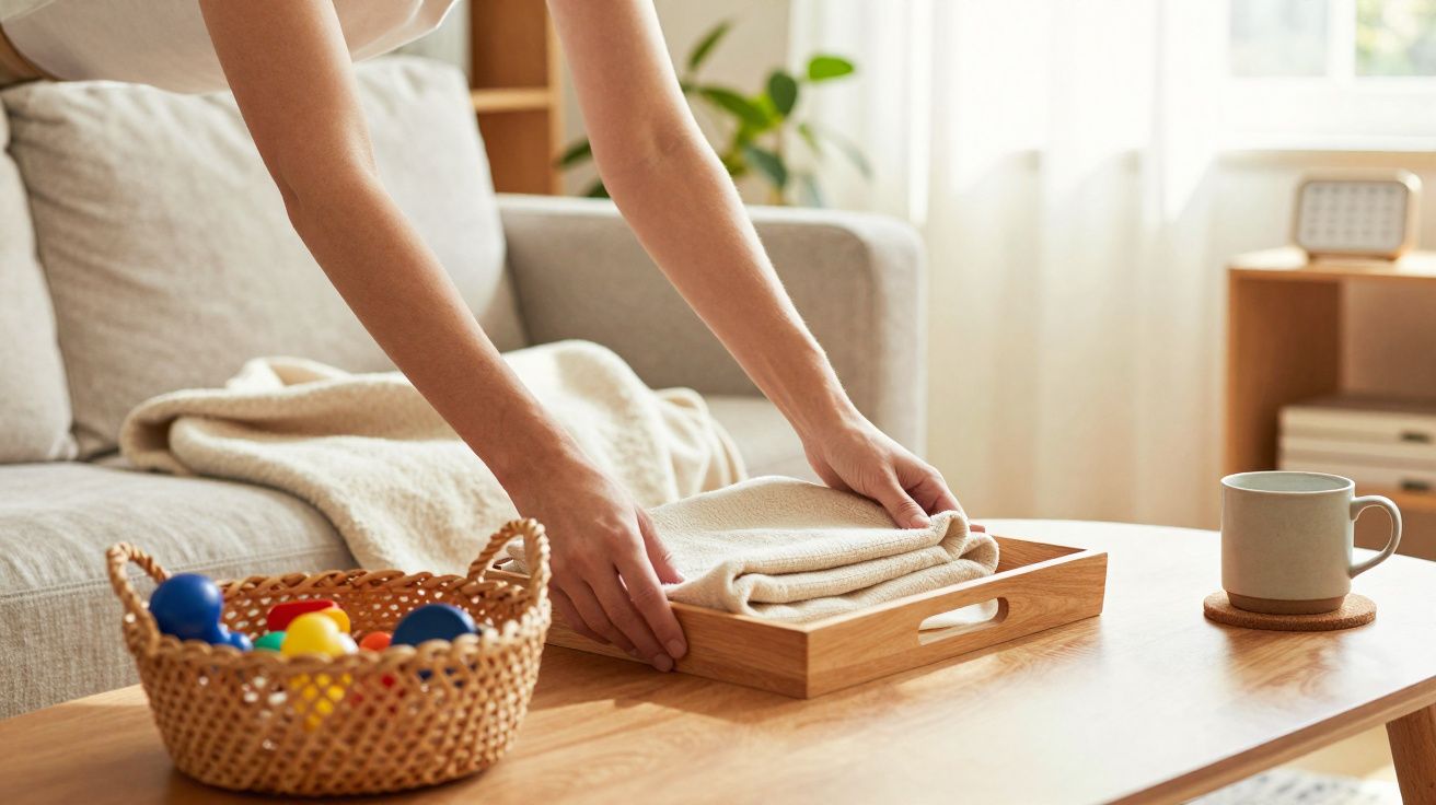 Pessoa ajeita manta dobrada numa bandeja de madeira numa sala iluminada com sofá e mesa de madeira.