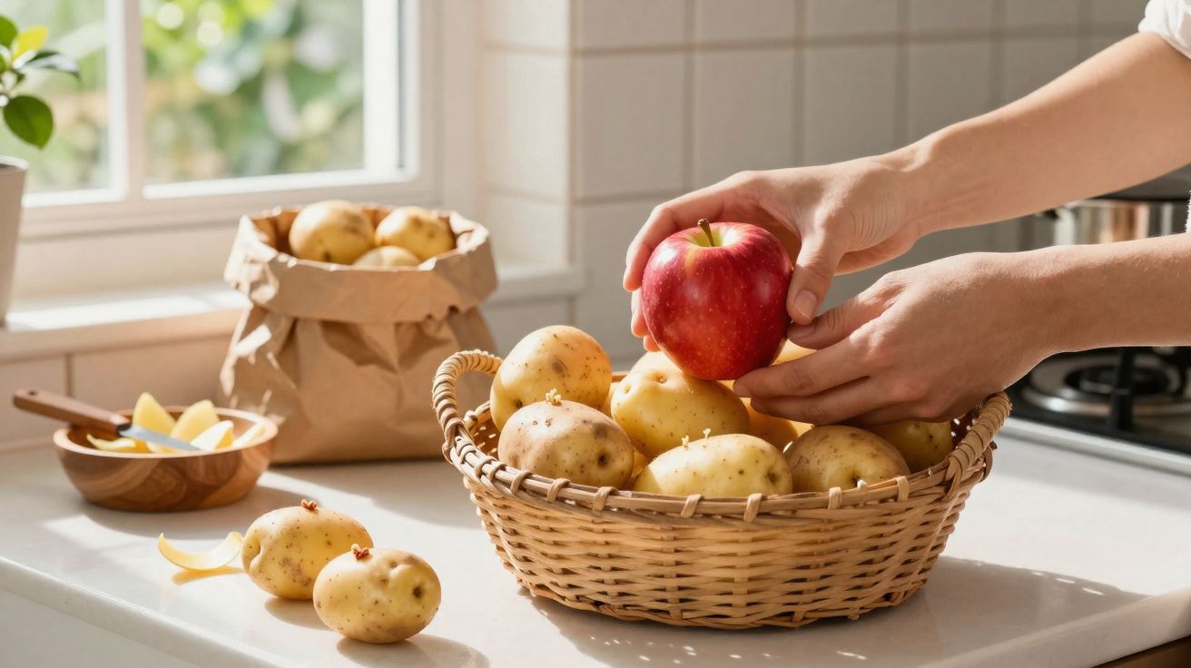 Cesto com batatas sobre bancada de cozinha e mãos a colocar uma maçã vermelha por cima.