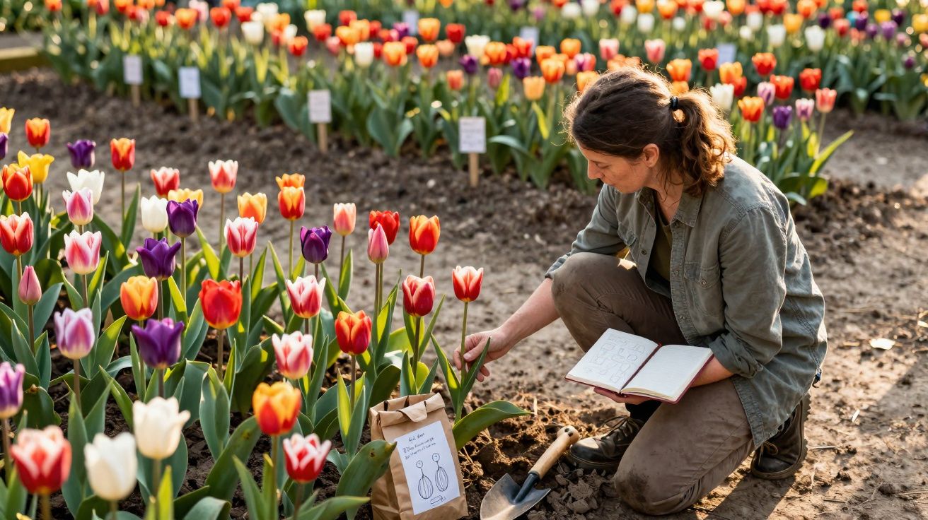 Mulher a examinar tulipas coloridas num jardim, segurando um caderno de anotações e uma pá no chão.