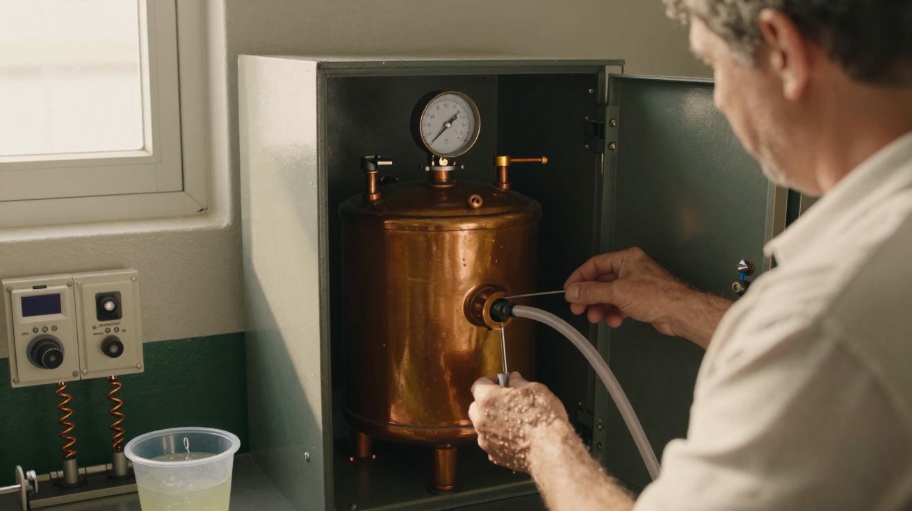 Homem a operar equipamento metálico com pressão num laboratório junto a janela.