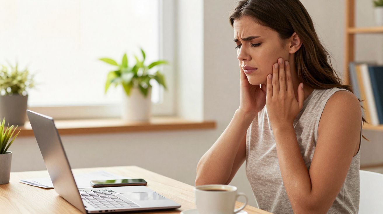 Mulher sentada à mesa com computador e a segurar as duas mãos na cara, com expressão de dor.