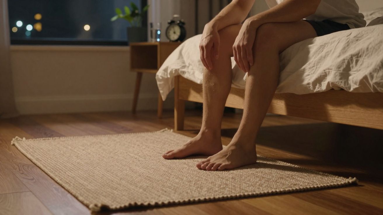 Pessoa sentada na cama num quarto com chão de madeira e janela para a noite.