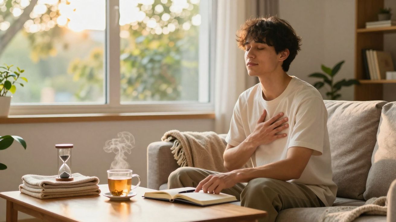 Jovem sentado no sofá a praticar meditação com livro aberto e chá a fumegar na mesa à sua frente.