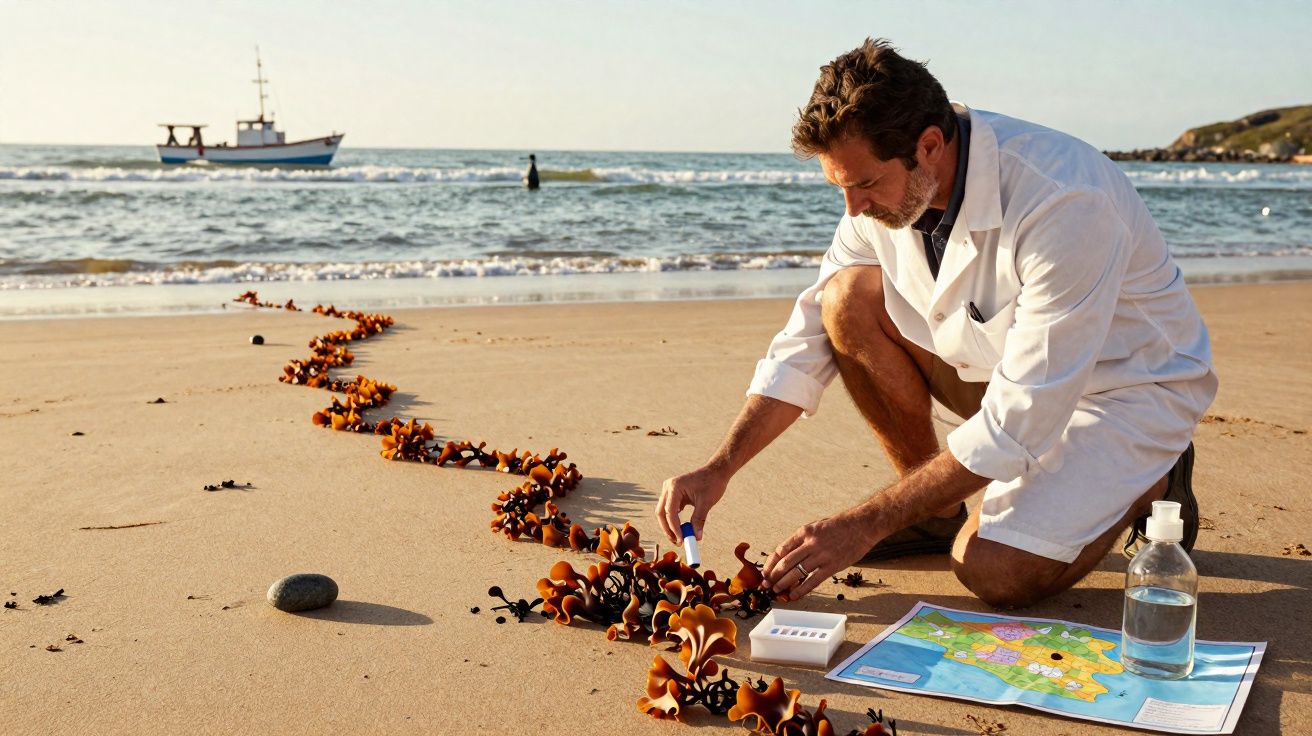 Homem em túnica branca a recolher amostras de algas numa praia com mapa e barco ao fundo.