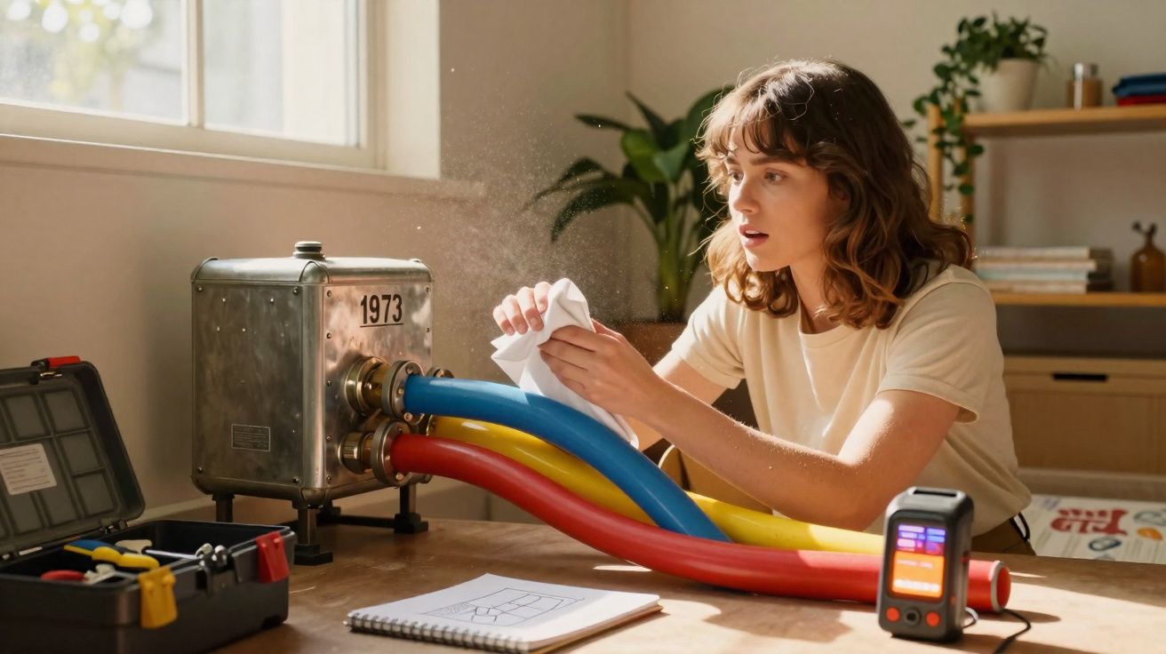 Mulher a limpar equipamentos coloridos ligados a caixa metálica num ambiente de trabalho iluminado.