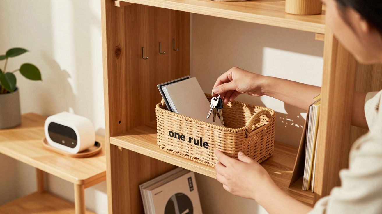Mãos a colocar chaves dentro de uma cesta de verga labeled "one rule" numa estante de madeira.