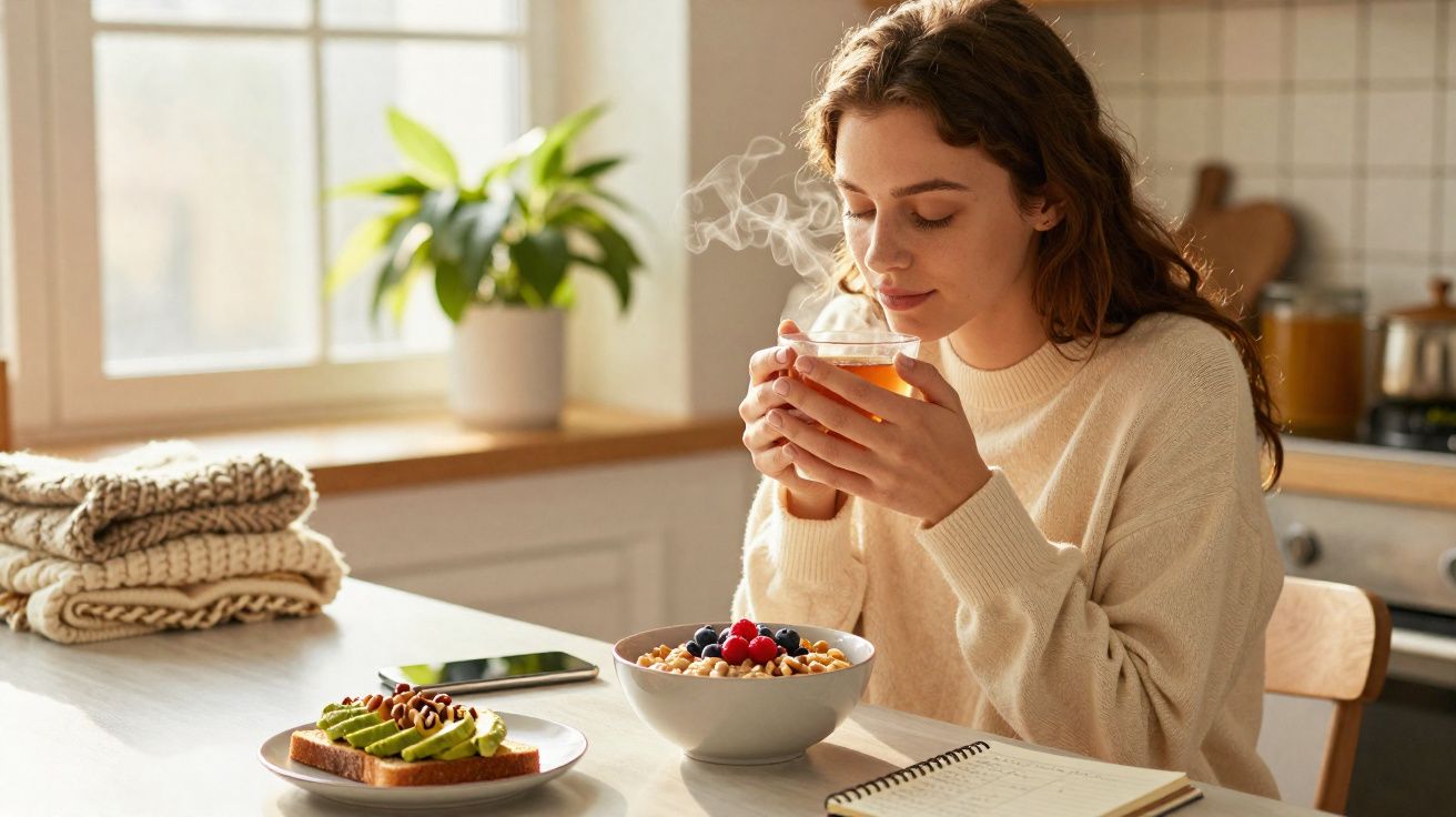 Mulher sentada à mesa a cheirar chá quente com torrada e fruta no pequeno-almoço numa cozinha luminosa.