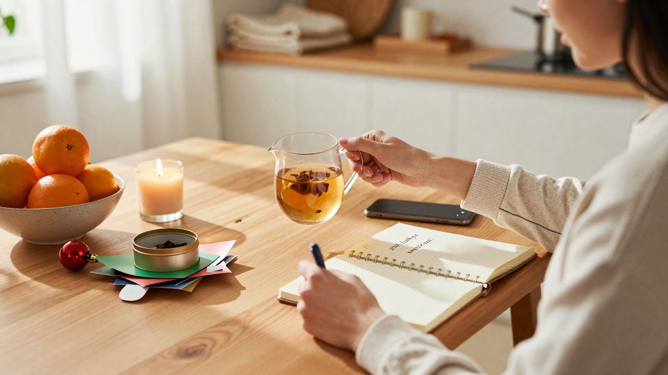 Pessoa a beber chá e a escrever num caderno à mesa com frutas, vela acesa e telemóvel.