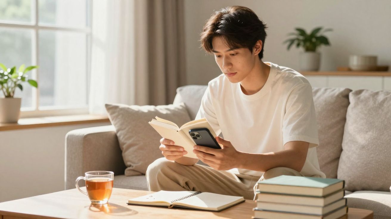 Jovem sentado no sofá a ler um livro e consultar o telemóvel, com chá e livros sobre a mesa à frente.
