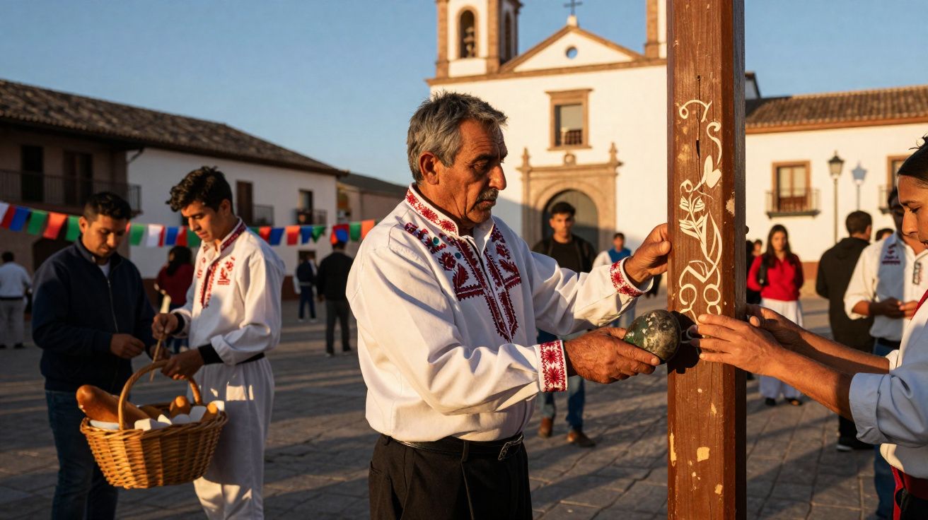 Homem com camisa bordada realiza ritual tradicional junto a poste decorado em praça com igreja ao fundo.