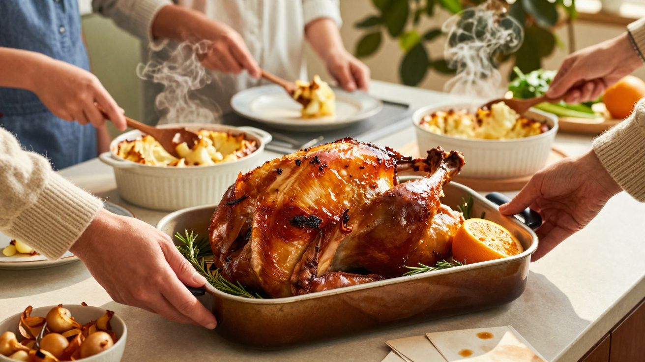 Pessoas a servir um peru assado dourado numa travessa, acompanhado de legumes e pratos quentes na mesa.