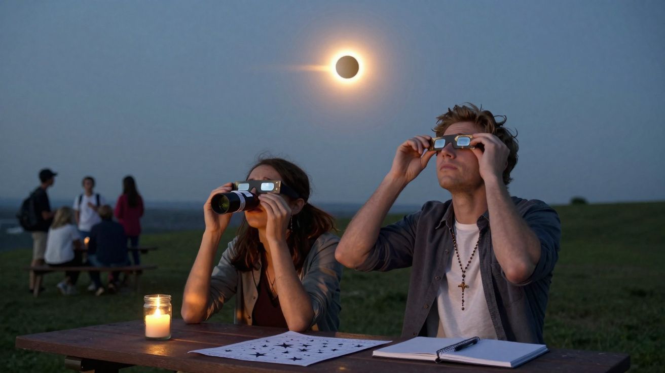 Duas pessoas observam um eclipse solar com óculos especiais ao ar livre ao anoitecer.
