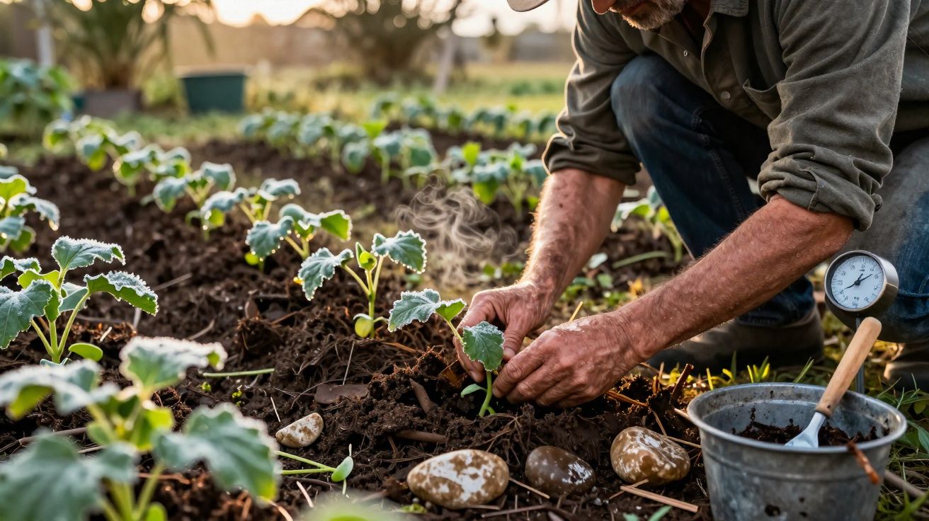 Homem a plantar rebentos num campo com pedras e muitas plantas, num ambiente natural ao amanhecer.