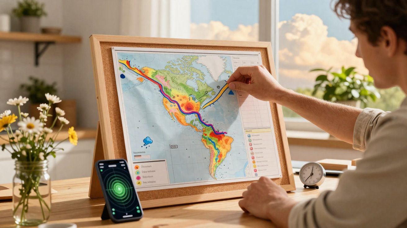 Pessoa a analisar mapa colorido da América em suporte de madeira numa mesa com flores e telemóvel ao lado.