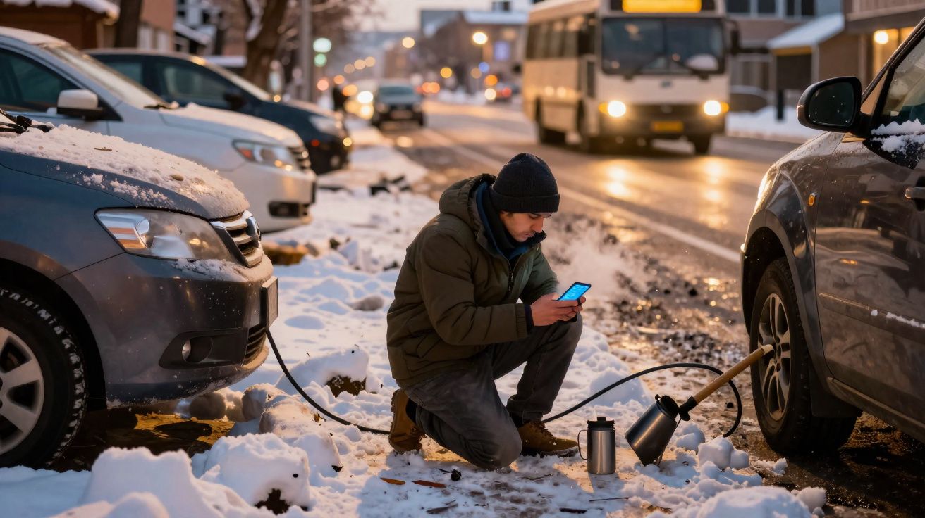 Homem veste casaco e gorro a carregar bateria do carro na neve, numa rua com trânsito ao fundo.