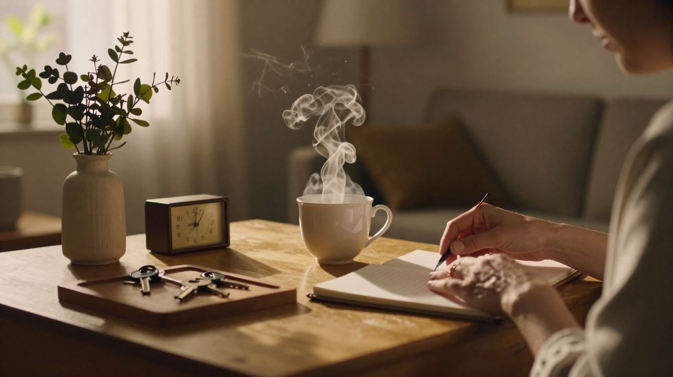 Pessoa a escrever num caderno numa mesa com chá quente, relógio e vasos decorativos num ambiente acolhedor.