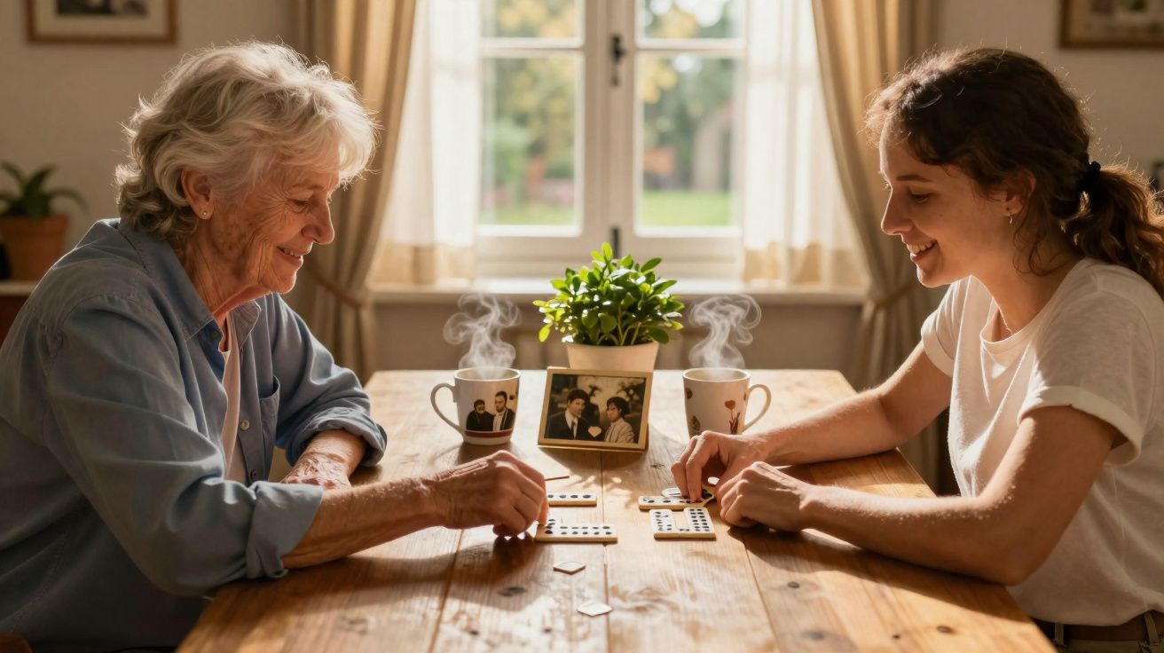 Duas mulheres de idades diferentes a jogar dominó numa mesa de madeira com chá quente e uma planta ao centro.