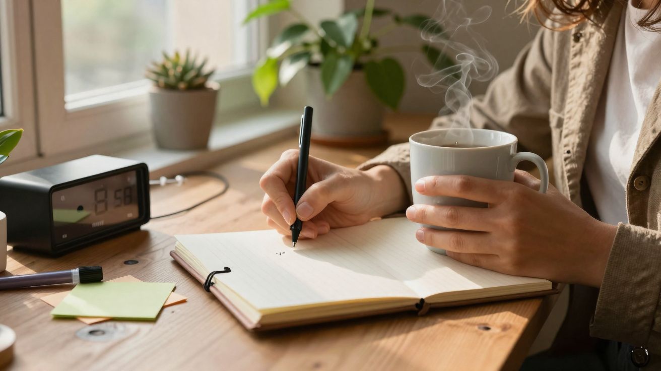 Pessoa escreve numa agenda enquanto segura uma chávena de bebida quente numa mesa de madeira junto a uma janela.