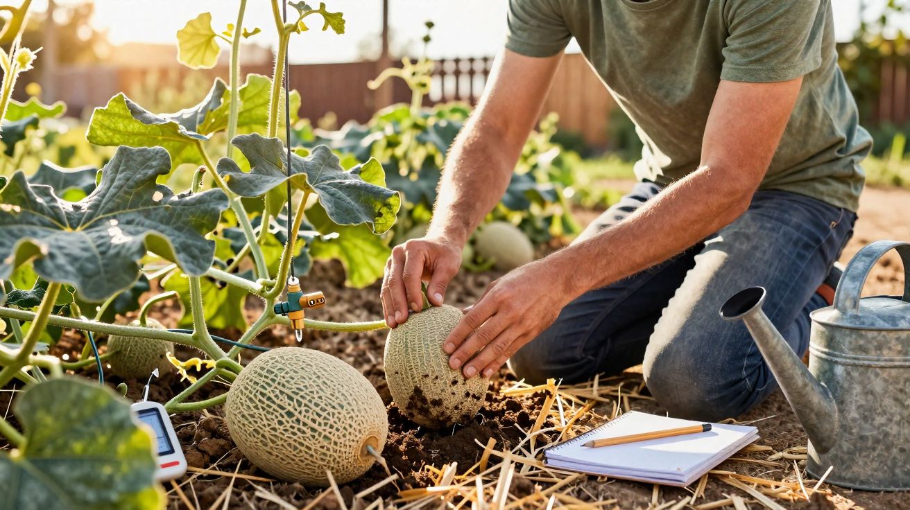 Pessoa a colher melões num campo com regador, bloco de notas e sensor no solo ao pôr do sol.