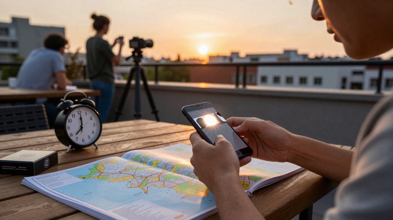 Pessoa a tirar foto do pôr do sol numa esplanada, com um mapa e um relógio num banco de madeira.