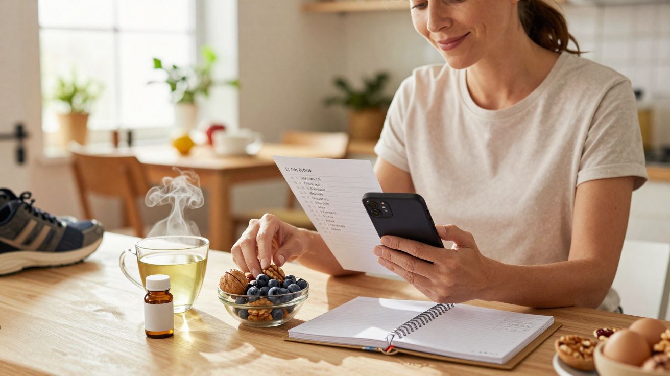 Mulher sentada à mesa a consultar lista de compras no telemóvel enquanto come frutos secos e frutos azuis.