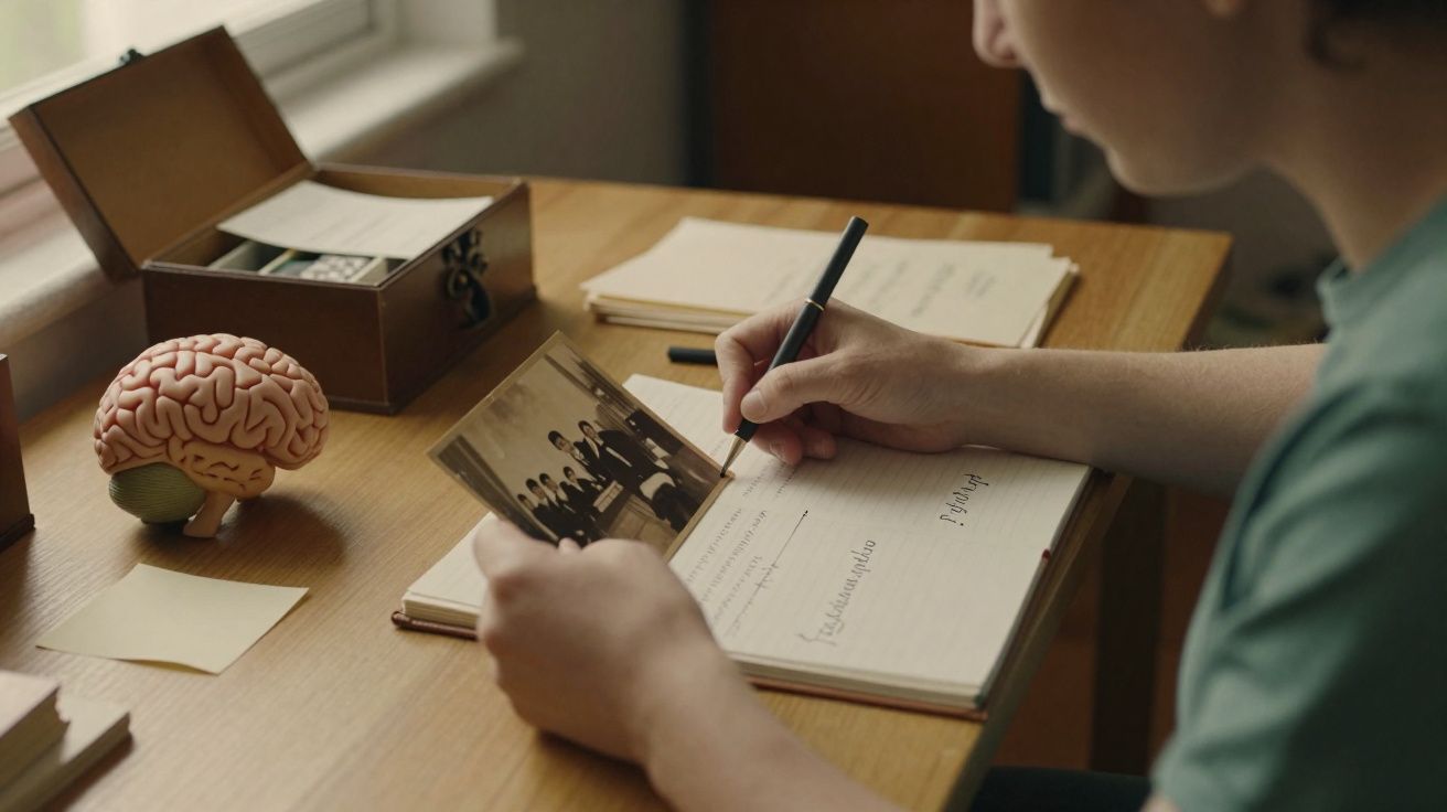 Pessoa escrevendo num caderno enquanto segura uma fotografia preta e branca, com modelo de cérebro na mesa.
