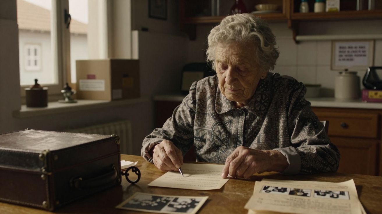 Idosa sentada à mesa a escrever numa folha com fotografias e documentos espalhados à sua frente.