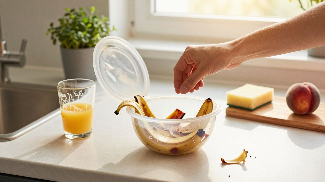 Mão a colocar cascas de banana numa caixa plástica transparente numa cozinha, com um copo de sumo de laranja ao lado.