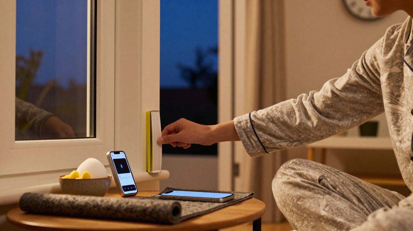 Pessoa em pijama a ligar um dispositivo de luz inteligente próximo a telemóveis numa mesa à noite.