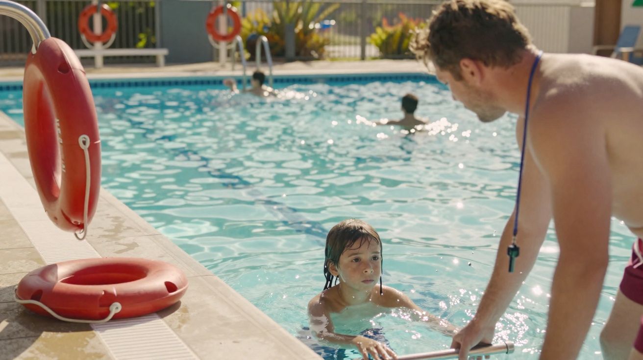 Criança na piscina a conversar com adulto, dois flotadores vermelhos pendurados na borda da piscina.