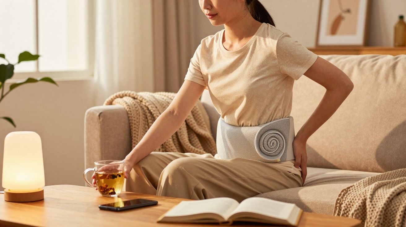 Mulher sentada no sofá com cinto lombar, a beber chá, com livro e telemóvel numa mesa de madeira.