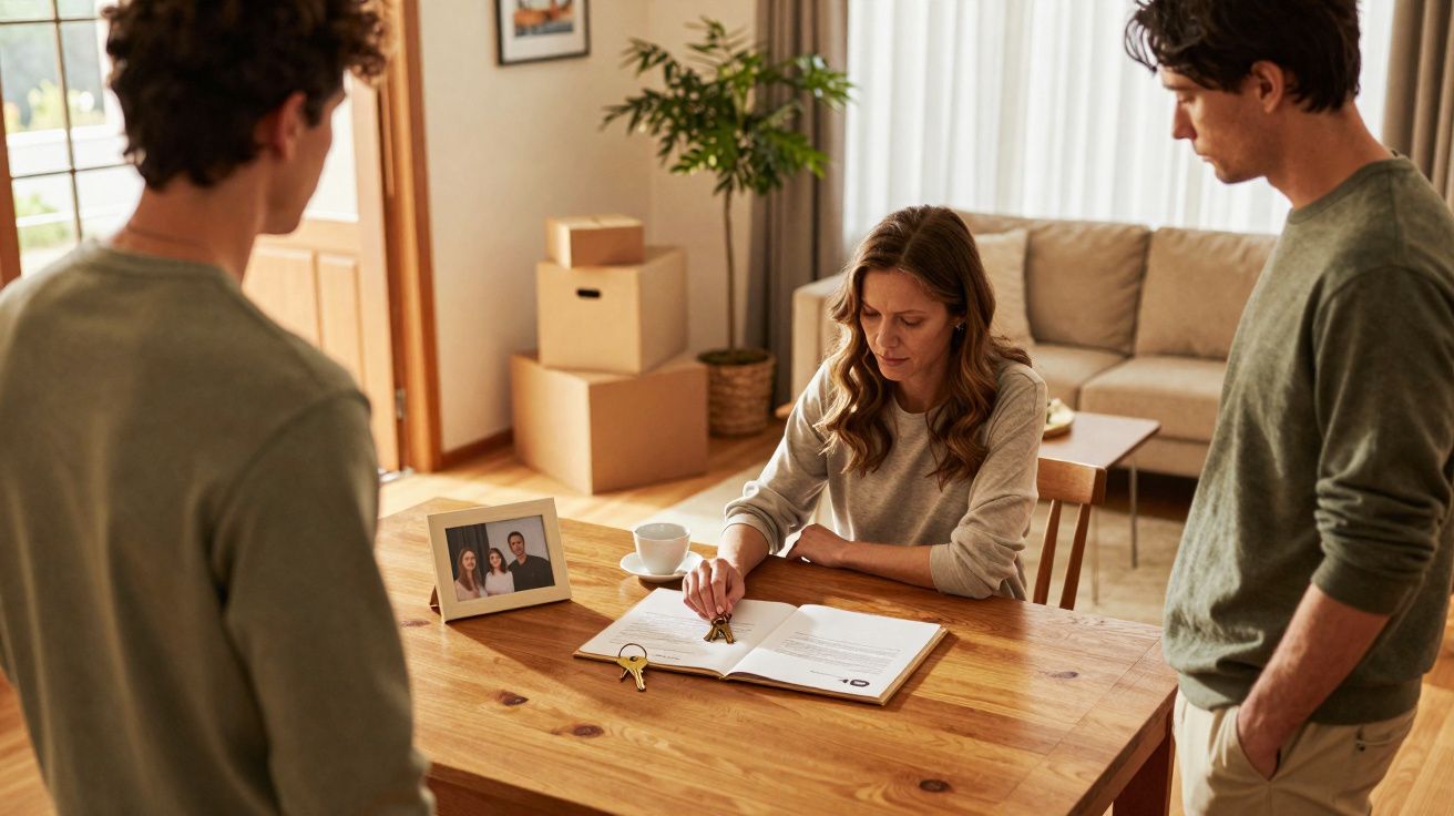 Mulher sentada a assinar documento numa mesa com duas pessoas de pé e caixas de mudança ao fundo.