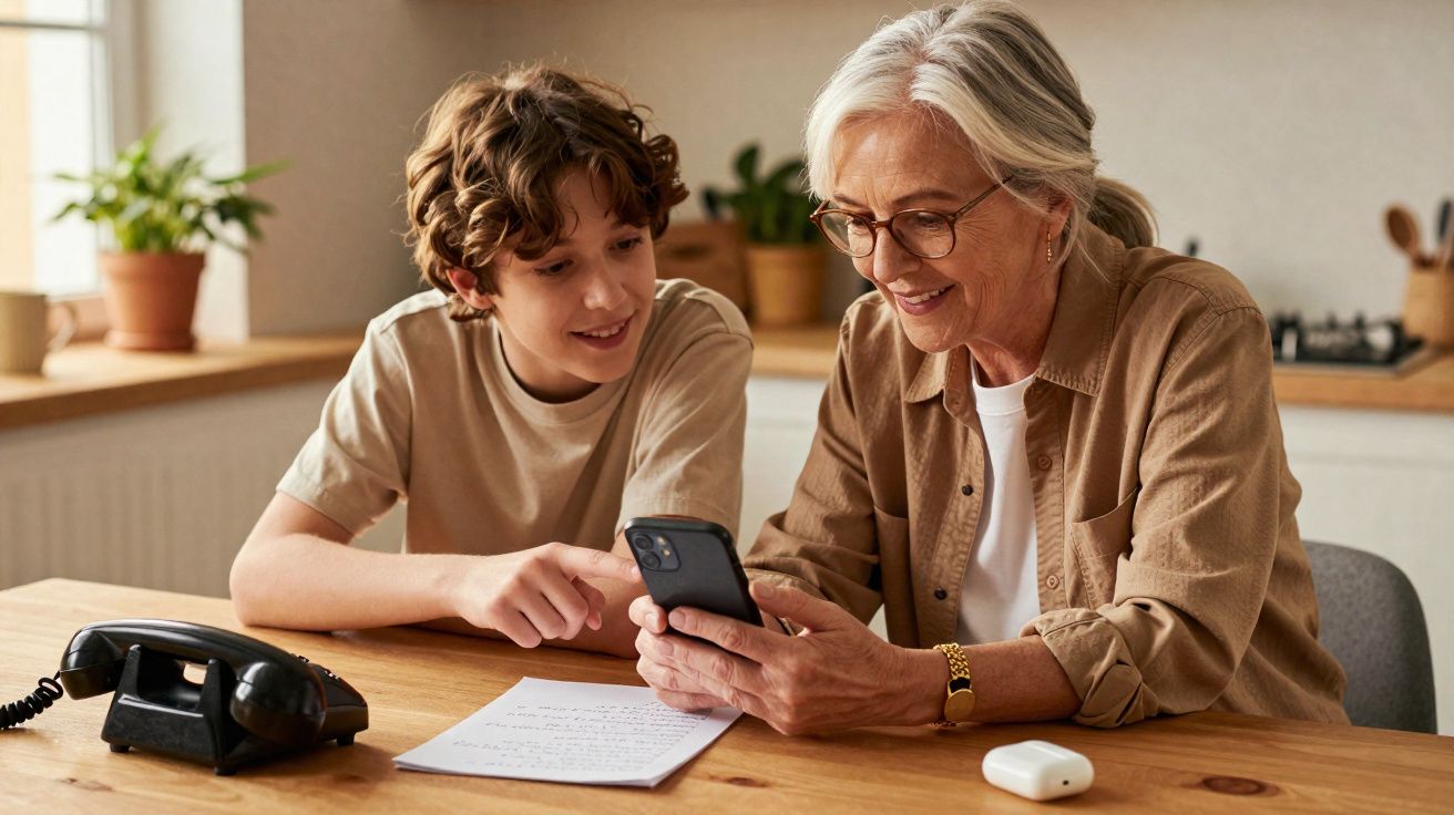 Avó e neto sentados à mesa, a avó mostra algo no telemóvel ao neto, ambos sorrindo na cozinha.