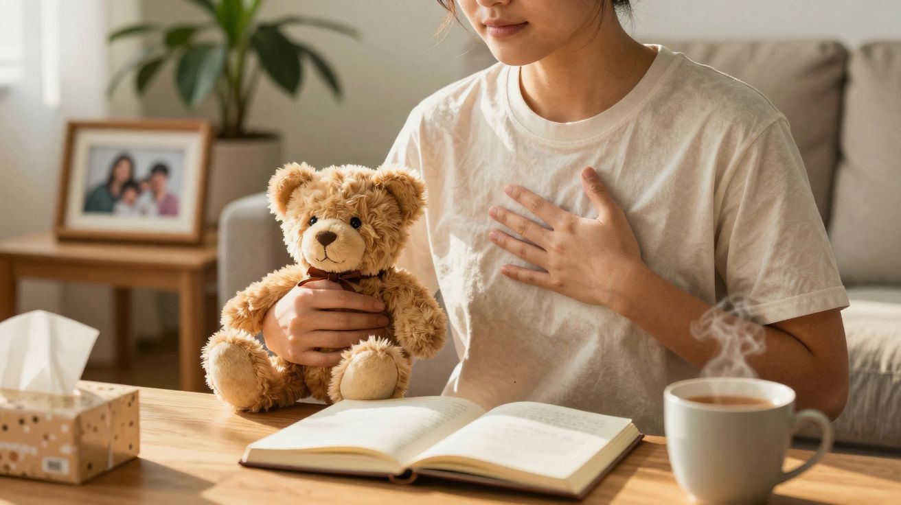 Pessoa com t-shirt branca segura urso de peluche à mesa com livro aberto e chá quente, expressando conforto e emoção.