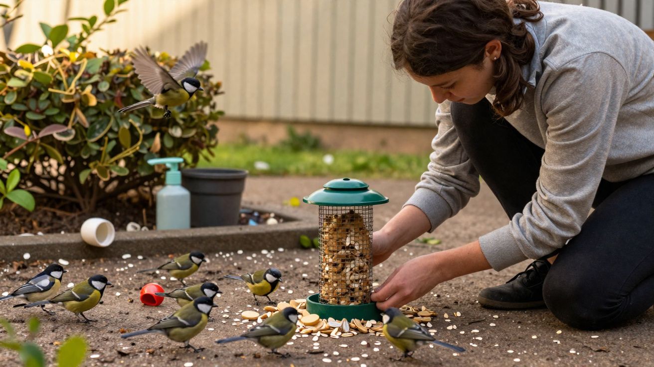 Pessoa a alimentar pardais com comedouro num jardim durante o dia.