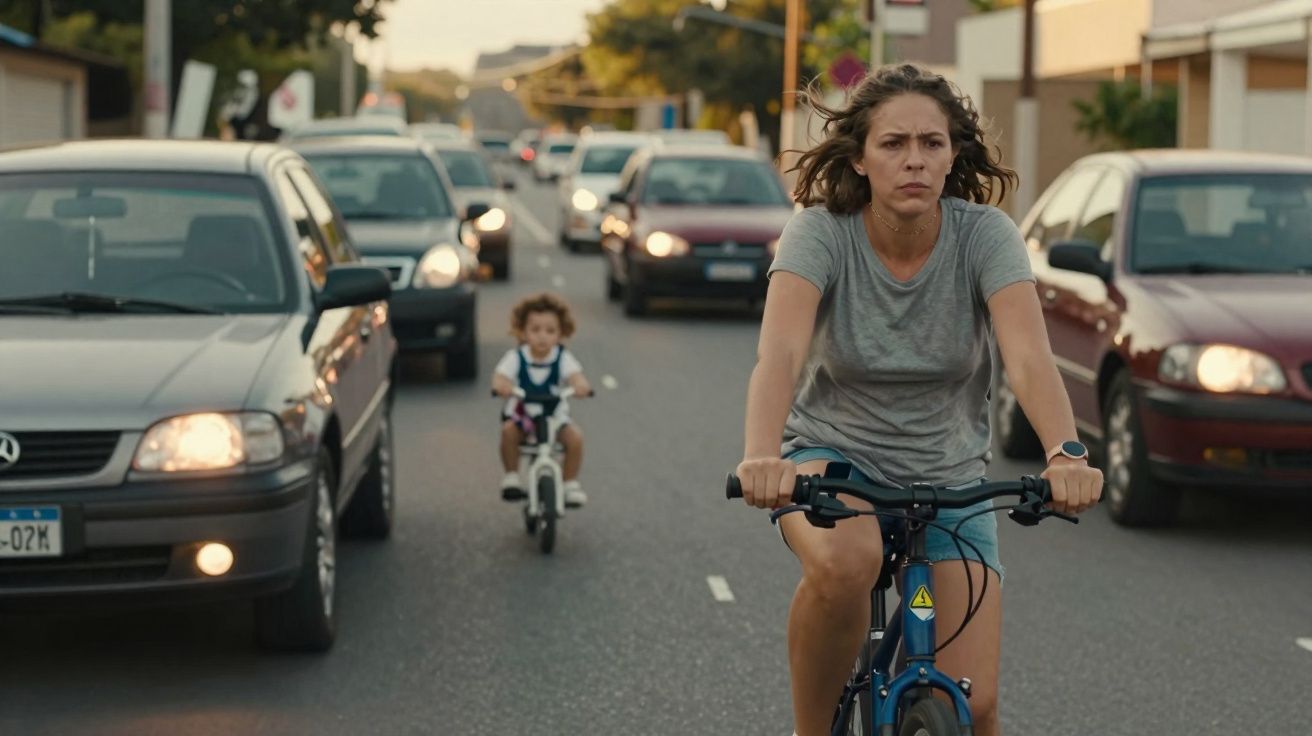Mulher e criança a andar de bicicleta numa estrada com vários carros em redor num ambiente urbano.