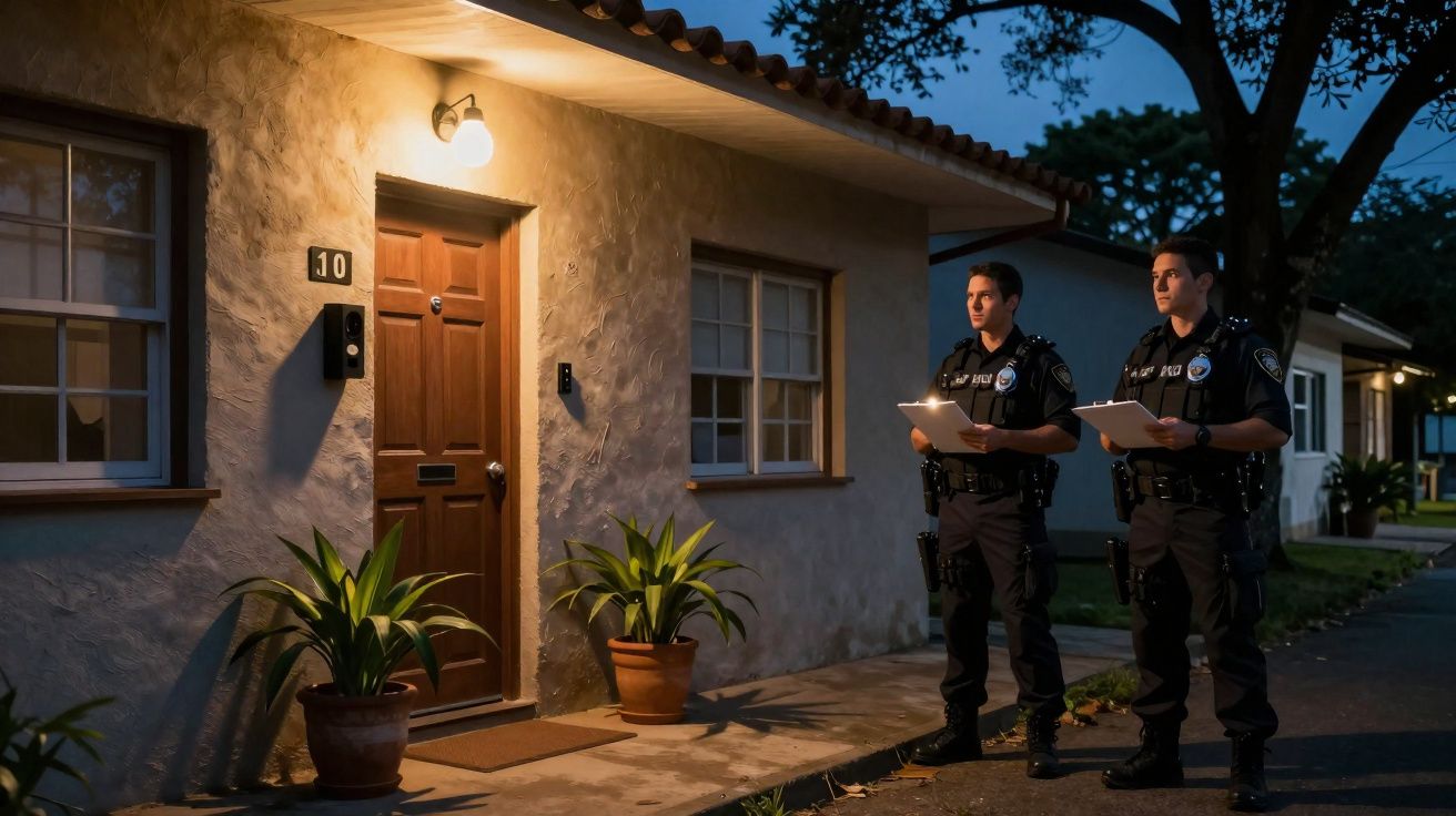 Dois polícias em uniforme com pranchetas batem à porta de casa à noite iluminada.