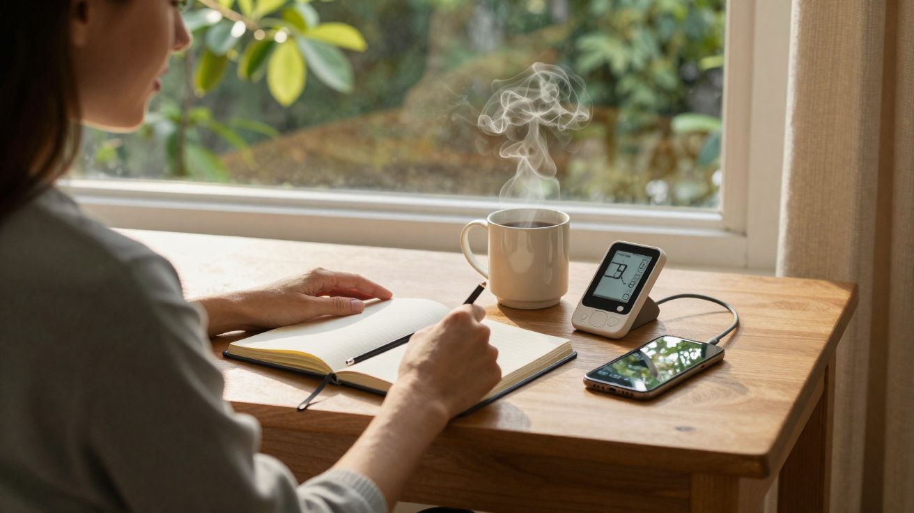 Pessoa a escrever num caderno sentado numa mesa com caneca de chá, telemóvel e monitor de pressão arterial.
