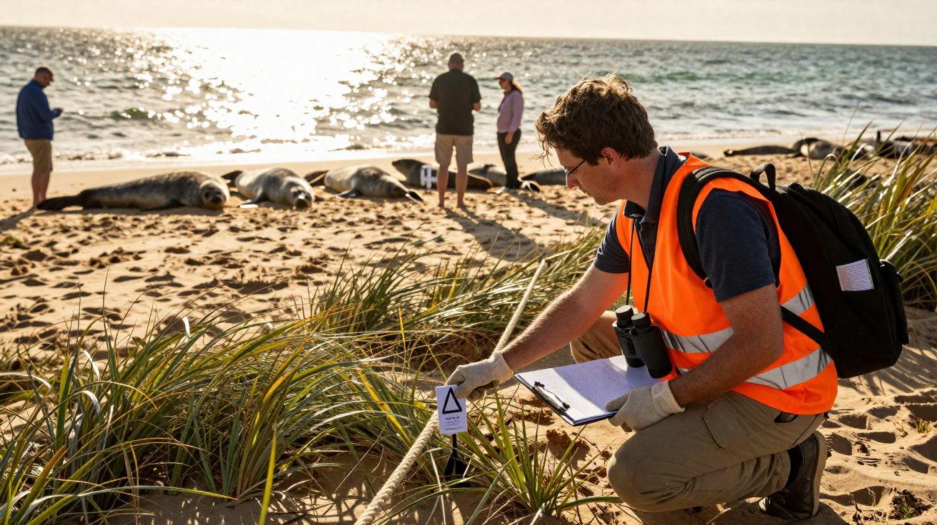 Homem com colete laranja regista dados numa praia onde várias focas repousam ao sol junto ao mar.