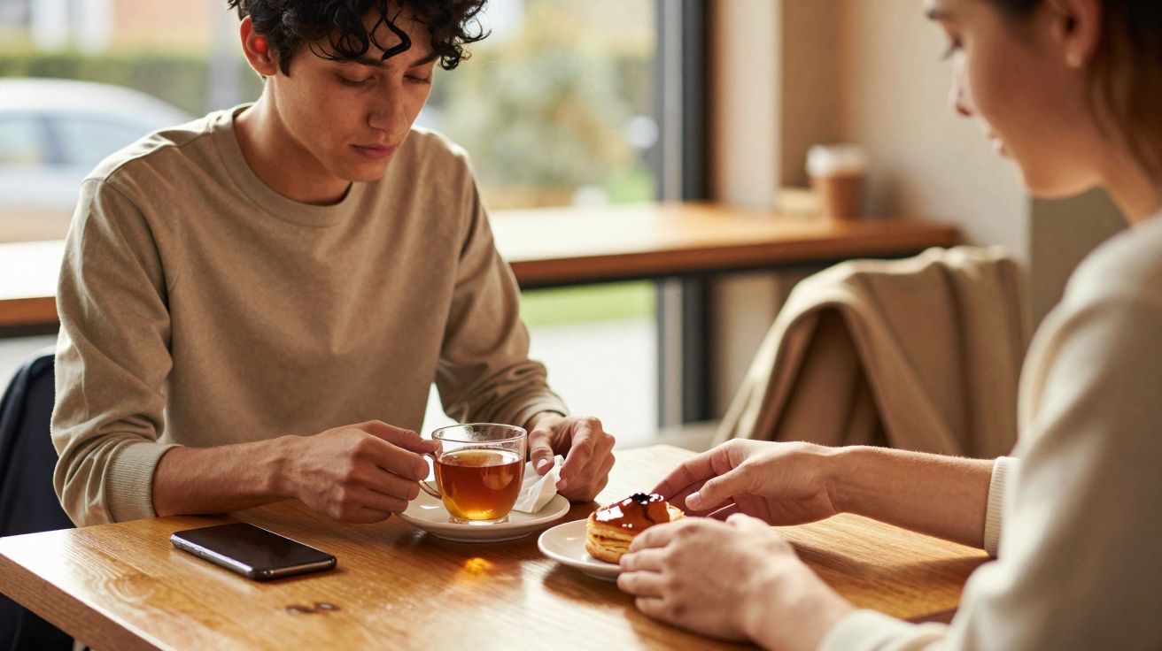 Duas pessoas sentadas numa mesa de café, com chá e sobremesa, num ambiente calmo e acolhedor.