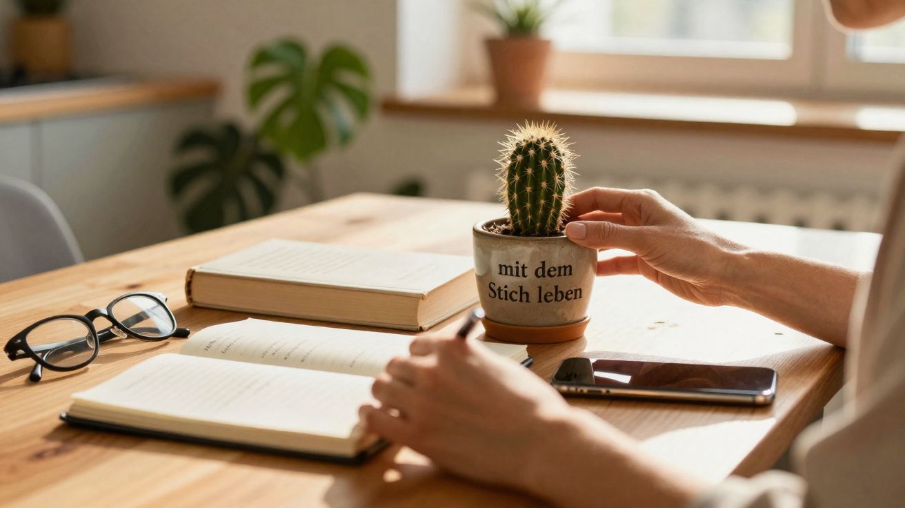 Mesa de madeira com livros, óculos, telemóvel, caderno aberto e mão a tocar vaso com cacto.