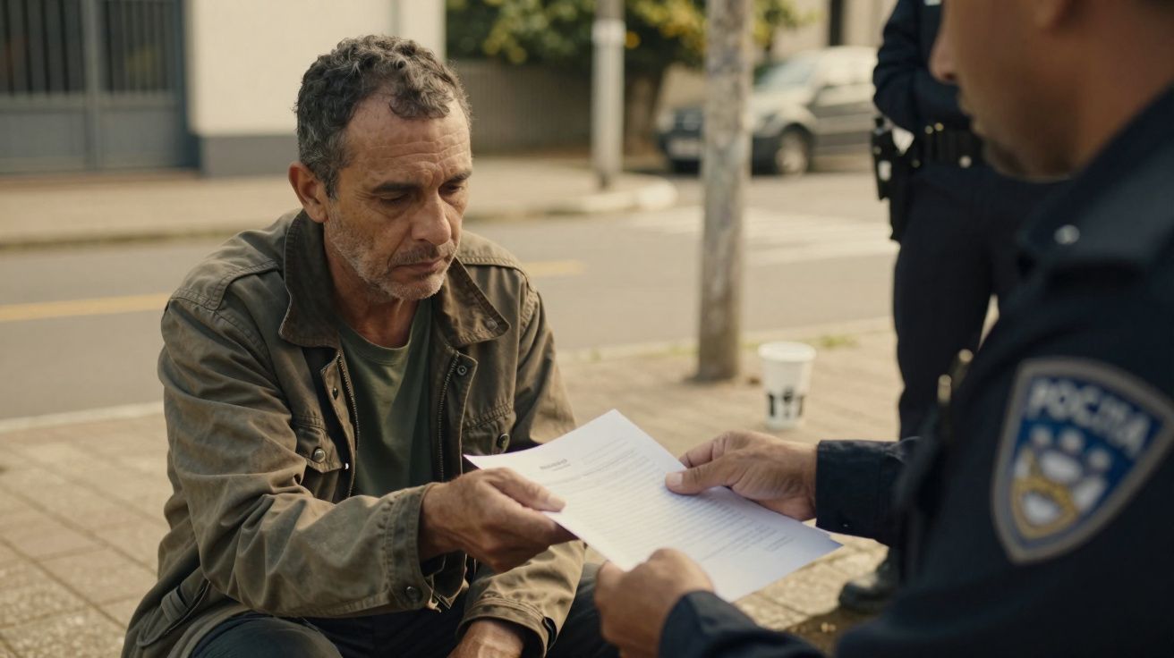 Homem sentado entrega documento a polícia na rua, com expressão séria e concentração.